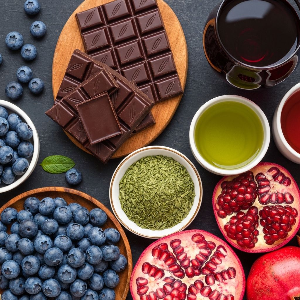 Antioxidant-rich foods including berries, dark chocolate, and green tea